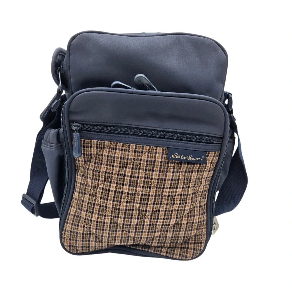 VTG Eddie Bauer Diaper Bag Blue Brown Plaid Quilted Travel Utility Gorpcore